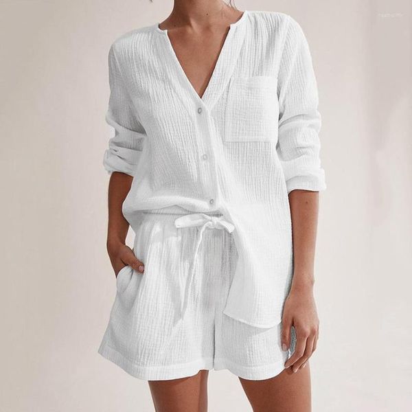 Survêtements pour femmes coton automne vêtements de nuit costumes avec short Pijama poche vêtements de nuit simple boutonnage femmes chemise de nuit à manches longues femmes