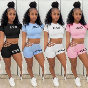 Survêtements pour femmes LOGO personnalisé Mode d'été Sports décontractés Sexy Couleur unie Ensemble de deux pièces Faire la navette