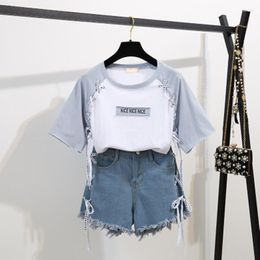 Survêtements pour femmes DALMAZZO Fashion Womans Runway Print Letters Rope T-Shirt Tops Denim Shorts 2 Piece Sets Summer Women's Pants Suits