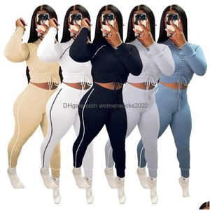 Survêtements pour femmes Designers Femmes Vêtements de sport 2023 Pantalon à manches longues à capuche plissée Deux pièces Ensemble de couleur unie Costume élastique D DH7Pi