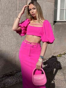 Chándales de mujer Elegante Bodycon Sexy Co Ord Sets Trajes de mujer Cuello cuadrado Manga corta abullonada Crop Top y Falda lápiz midi Conjunto de dos piezas Mujer T220827