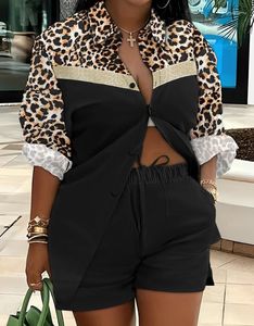 Survêtements pour femmes élégant navettage imprimé léopard colorblock boutonné chemise shorts ensemble mode décontractée deux pièces femmes tenue 2023 été