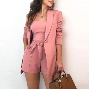 Survêtements pour femmes élégant bureau dame tenues Chic solide à manches longues Blazer manteau Camisole taille haute Shorts trois pièces ensembles décontracté