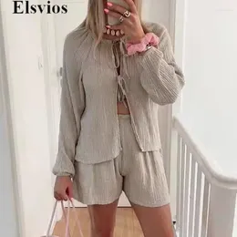 Women's Tracksuits Elegant Solid Vocation Outfit Long Sleeve Tie-up Blouse Tops&High Waist Shorts Two Piece Suit Women 2024 Group Of Pants