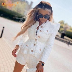 Survêtements pour femmes Élégant Blanc Tweed Femmes Ensemble Veste à franges à poitrine haute Taille Short Costume Mode Celebrity Party Ensembles F