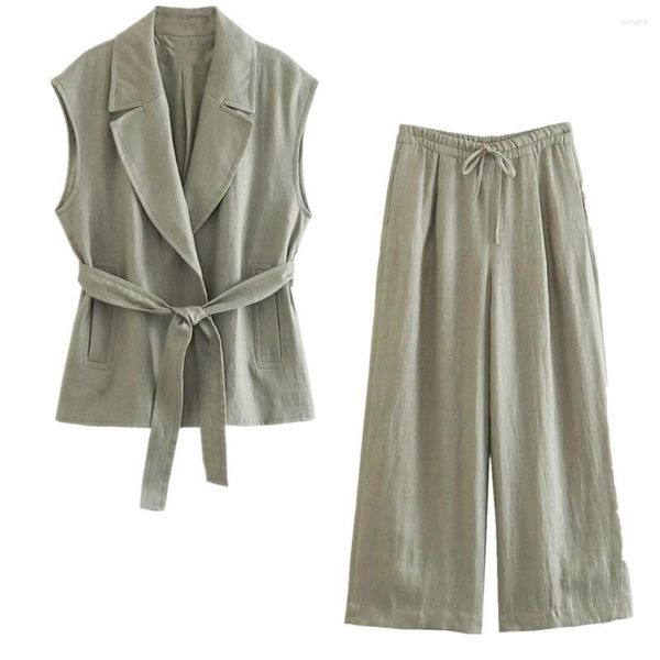 Chándales de mujer Elmsk estilo rural francés gris verde Retro sin mangas traje chaleco suelto Casual pantalones de pierna ancha conjuntos de moda para mujer