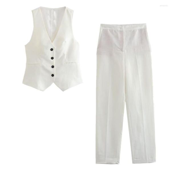 Survêtements pour femmes Elmsk blogueur de mode français blanc gilet en lin à double boutonnage hauts décontracté costume droit pantalon ensembles pour femmes