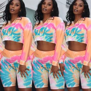 Women's Trainingspakken Europese Stijl Hoodies Crop Top en Shorts Set Tie Dye Print Summer Two 2 Piece Tracksuit Sexy Outfit