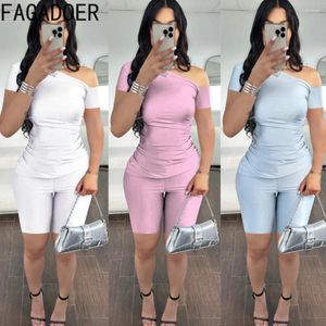 Tracksuits voor dames fagadoer mode solide één schouder tweedelige sets vrouwen korte mouw slanke top en motoriekers zomer 2 stks outfits