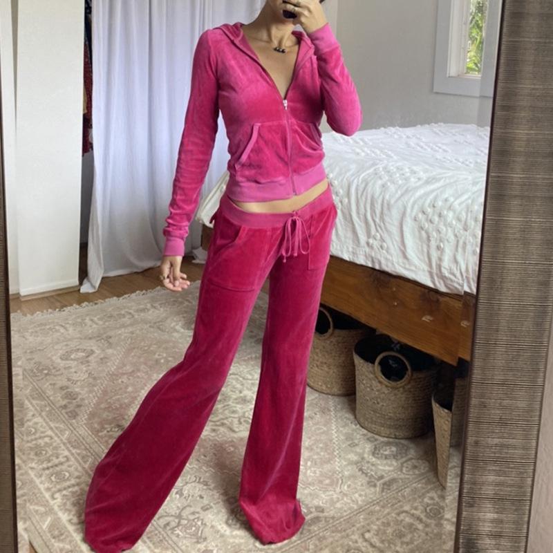 Women's Tracksuits Fall Two Piece Set Women Velvet Long Sleeve Hooded Zipper Pocket Sporty Jackets Pants Matching Sets Workout Stretchy Outf