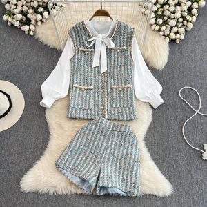 Chándales de mujer, abrigo de moda y traje Ss para mujer, chaleco de Tweed, camisa de lazo blanco de tres piezas, pantalón corto elegante de cintura alta para mujer