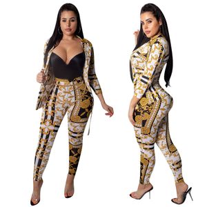 Tracksuits voor dames Fashion Gold Print Women Two Piece Set Turn Collar 3/4 Sleeve Single Button Cardigan Coat Pencil Pants Business Suit Outfit