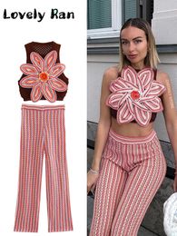 Survêtements pour femmes Mode Crochet Fleur Creux Tricoté Long Pantalon Ensemble Rétro Cropped Tank Vest Pantalon Deux Pièces Femme High Street Outifit 230630