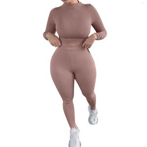 Survêtements pour femmes Mode Plus Taille Survêtement Femmes Stretchy Turtleneck Full Crop Top Leggings Assortis Active Wear Set Gym Fitness Casual