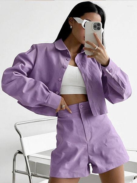 Survêtements pour femmes mode violet Blazer ensembles shorts femmes 2022 hauts à manches longues taille haute pantalons courts bureau dame ensemble élégant décontracté