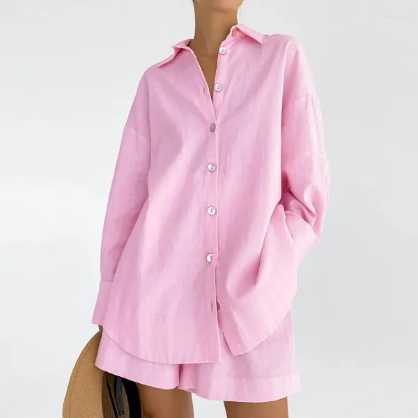 Trajes de mujer Moda Mujer Blusa 2023 Conjunto de dos piezas Estilo coreano Algodón Rosa Elegante y manga larga Top corto