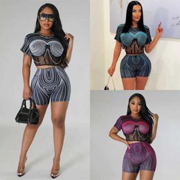 Trainingspakken voor dames Fish Bone Mesh Perspective Chain Splice Top High Waist Shorts Line Printing Set Tweedelige set