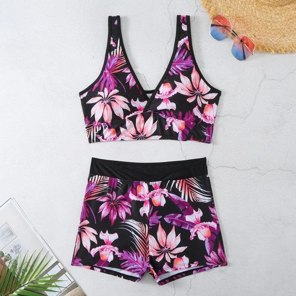 Survêtements pour femmes imprimé feuilles florales col en V haute étirement 2 pièces tankini push up longue jupe de bain filles hauts de bikini de soutien pour grand buste