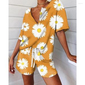 Survêtements pour femmes imprimé floral vêtements de nuit en vrac ensembles courts femmes décontracté vintage col en V manches haut cordon 2 pièces ensemble vêtements jaunes