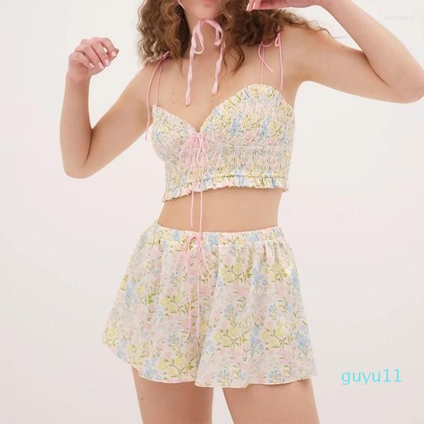 Survêtements Femme Imprimé Floral Volants Col V Crop Tops Tie Up Strap Camis Shorts Français