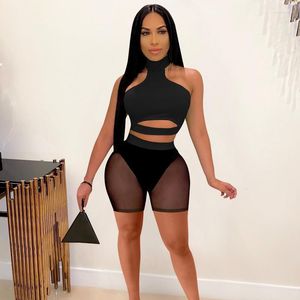 Tracksuits voor dames Fuda Black Active Sport Women Two Piece Set Outfits 2023 Summer Crop Top en Mesh Patchwork Shorts Chic Matching