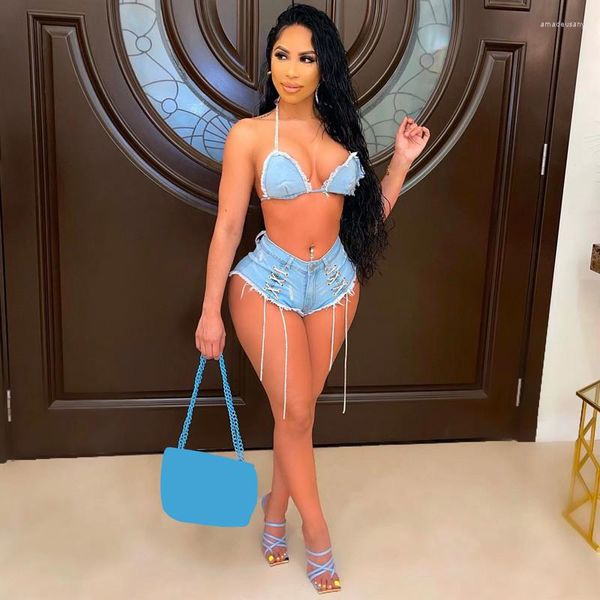 Costumes pour femmes Fuda Sexy Jeans Two Piece Set Tassel Lace Up Bra Top Grommet Chain Shorts Denim Costume Summer Beach Tenues Femmes Clubwear