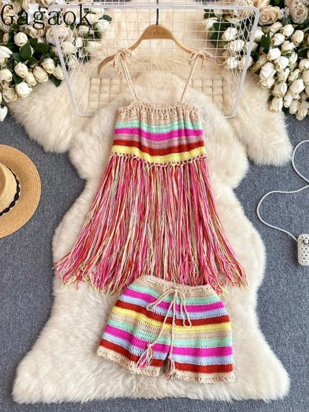 Spares de canciones de mujeres Gagaok Bohemian Vacation Style 2 piezas Conjuntos para mujeres Tassel Tassel Vest Fashion Crochet Crochet Shorts
