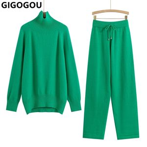 Survêtements pour femmes GIGOGOU Deux pièces Cachemire Automne Hiver Femmes Col Roulé Laine Pull Costumes Mode Tricoté Lâche Pantalon Survêtement Dame Ensemble Chaud 230220