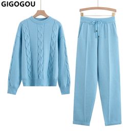 Survêtements pour femmes GIGOGOU Deux pièces tricotées femmes pull survêtement O cou automne hiver chaud ensemble mode dame pantalon décontracté costume 230220