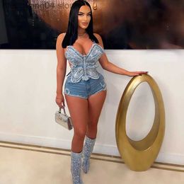 Survêtements pour femmes Glitter Diamant Strass Denim Ensembles Courts Femmes Tenues D'anniversaire Papillon Halter Crop Top + Shorts Ensembles Femmes 2 Pièce D'été T230515