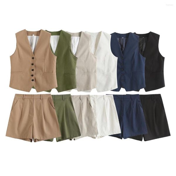 Chándales de mujer verde azul Beige chalecos chaquetas sin mangas pantalones cortos conjuntos cortos trajes de verano para mujeres 2023 2 piezas elegante traje negro