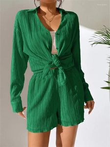 Les survêtements pour femmes Green Top 2 Pièces sets printemps d'été Mode décontractée en V Contrôle à manches longues Pantalons courts Pantalon Femme Elegant Party Suit