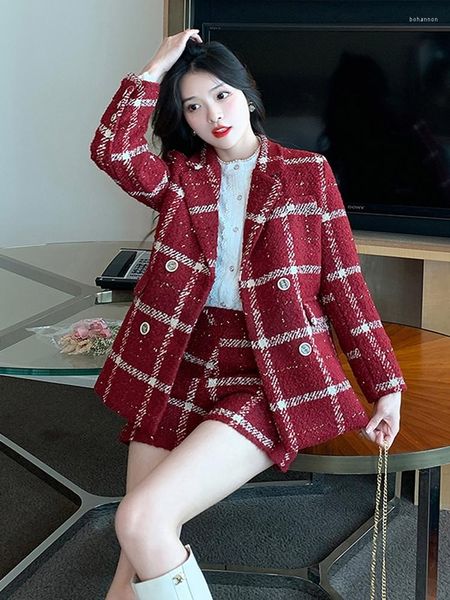 Survêtements femme haute qualité élégant Plaid Tweed Blazer Shorts costumes automne hiver tenues pour femmes deux pièces affaires Chic bureau