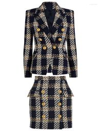 Tracksuits voor dames van hoge kwaliteit EST 2023 F/W Designer Pak Set Dames Slim passende Plaid Tweed Wollen Blazer Jacket Rok