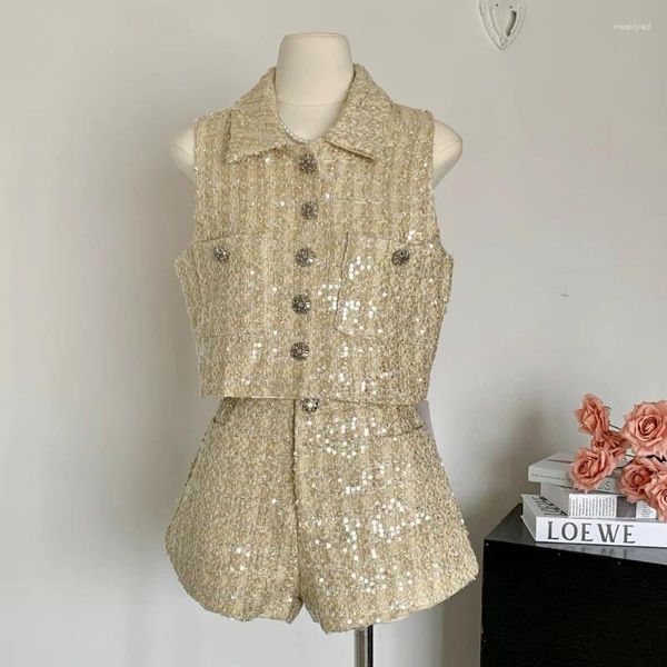 Trajes de mujer de alta calidad con lentejuelas de oro Tweed Traje de mujer Solapa Chaleco sin mangas Pantalones cortos Casual Chic Púrpura Pequeña fragancia de dos piezas