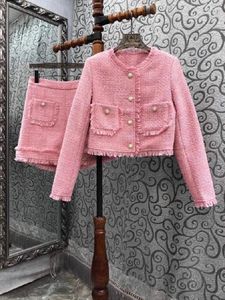 Chándales para mujer Conjuntos de lana de Tweed de alta calidad 2023 Otoño Invierno Short Ladies Pocket Deco Abrigo de manga larga Trajes de chaqueta