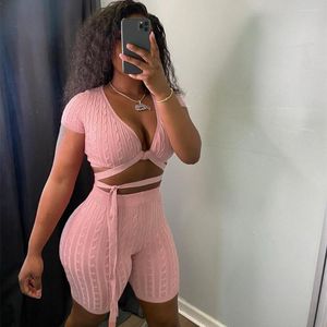 Survêtements pour femmes HLJ Rose côtelé deux pièces ensemble femmes tenues Y2k lacets bandage haut court et pantalon court maigre doux décontracté Streetwear