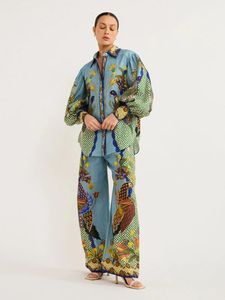 Survêtements pour femmes en oiseaux fleur imprimé deux pièces ensemble femmes lanterne manches chemises à revers taille haute pantalon évasé costume pour femmes tenues 231016