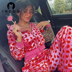 Chándales para mujer INGOO Hot Girl Conjunto de 2 piezas Y2K Love Impreso Cardigan Suéter con capucha Pantalones con cordones Calle Mujer Chándal Trajes casuales Traje T220827 T220830