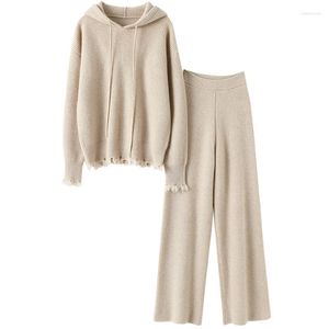 Survêtements pour femmes Italie luxe hiver tricot côtelé cachemire 2 pièces ensemble sweat à capuche épais pour femme plus joggeurs élégants