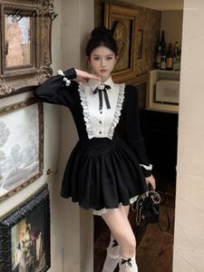 Dames Trainingspakken Japanse Lolita-stijl Lente Herfst Dames Jurkenset Turn-Down Zwart Mini Strik Kanten Shorts Elegant Prinses Schattig Kawaii