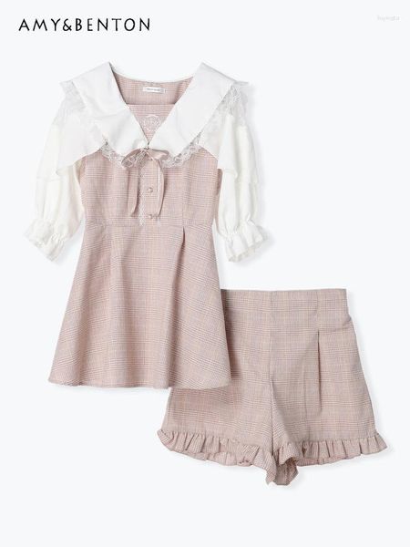 Chándales de mujer, minivestido de manga corta con bordado de encaje y cuello de marinero japonés, conjunto de pantalones cortos a cuadros rosa dulce para mujer, traje de verano Mine