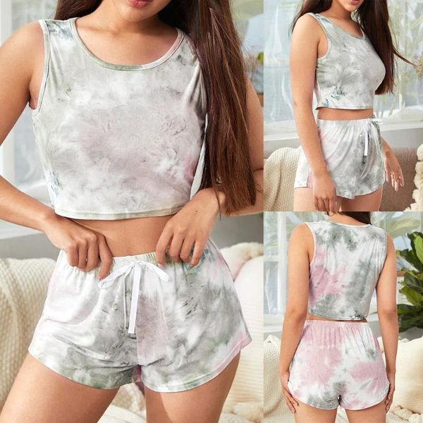 Chándales para Mujer Traje De Mono Invitados De Boda Tie-Dye Color Degradado Traje De Ocio Conjunto De Tops para El Hogar Camisa De Cintura Elástica De Manga Corta para Mujer