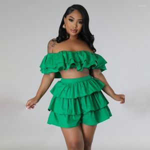 Tracksuits voor dames Kexu Fashion Butterfly Sleeve Crop Top en Cape Ruffles Shorts Set 2023 Summer Two 2 -Piece Outfits Tracksuit