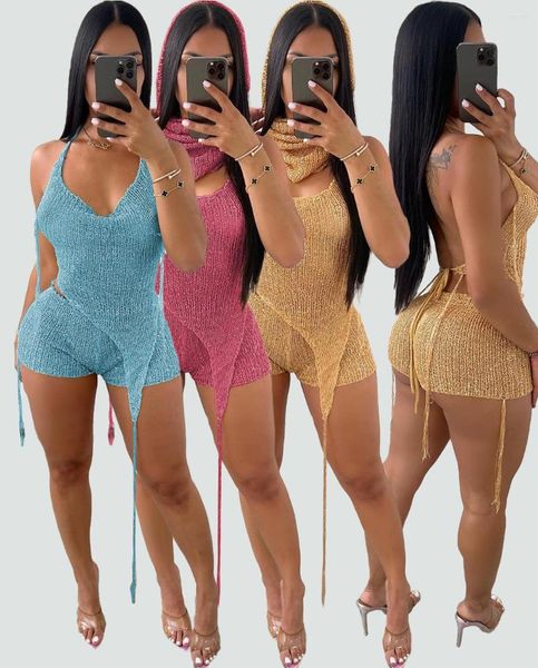 Survêtements pour femmes Keyanketian Summer Sequin Costume Beachwear Sexy Hair Neck Halter Court Knit Trois pièces Ensemble