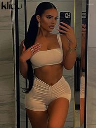 Survêtements pour femmes Kliou Cusual Solid Two Piece Set Femmes Concise Incline Épaule Sans Manches Nu Midriff Tops Ruché Skinny Shorts Sporty