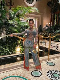 Survêtements pour femmes Kliou Dollar Print Mesh See Through Two Piece Set Femmes Hipster Slim Oneck Top à manches longues Loose Wide Leg Pants Attirewear Suit 230131