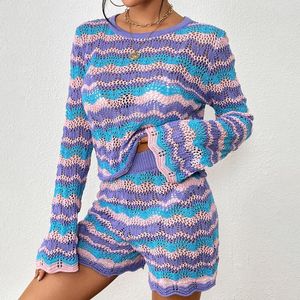Survêtements tricotés pour femmes, ensemble deux pièces, pull ample à manches longues, hauts et shorts, Version coréenne, printemps 2023