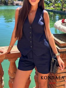 Chándales de mujer KONDALA Lino casual Trajes de mujer 2 piezas Botones con cuello en V Chaleco Blazer Cintura alta Pantalones cortos de pierna ancha Moda 2023 Summer Vintage Sets 230704