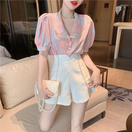 Tracksuits voor dames Koreaans Chiffon Shirt High Taille Suit Wide Leg Shorts Chic tweedelig set Ensemble Femme Deux stukken jaar oude vrouw